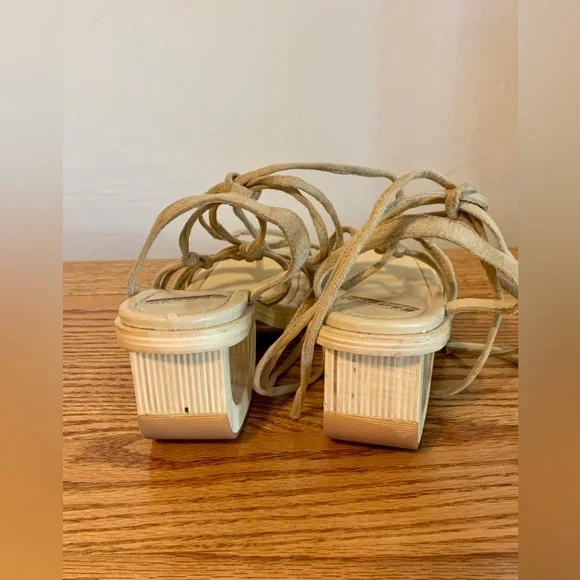 VTG y2k Bamboo Cut Out Heels Wrap Tie Sandal Wedge Wood Suede 7 2000 90s Chunk - Picture 10 of 12